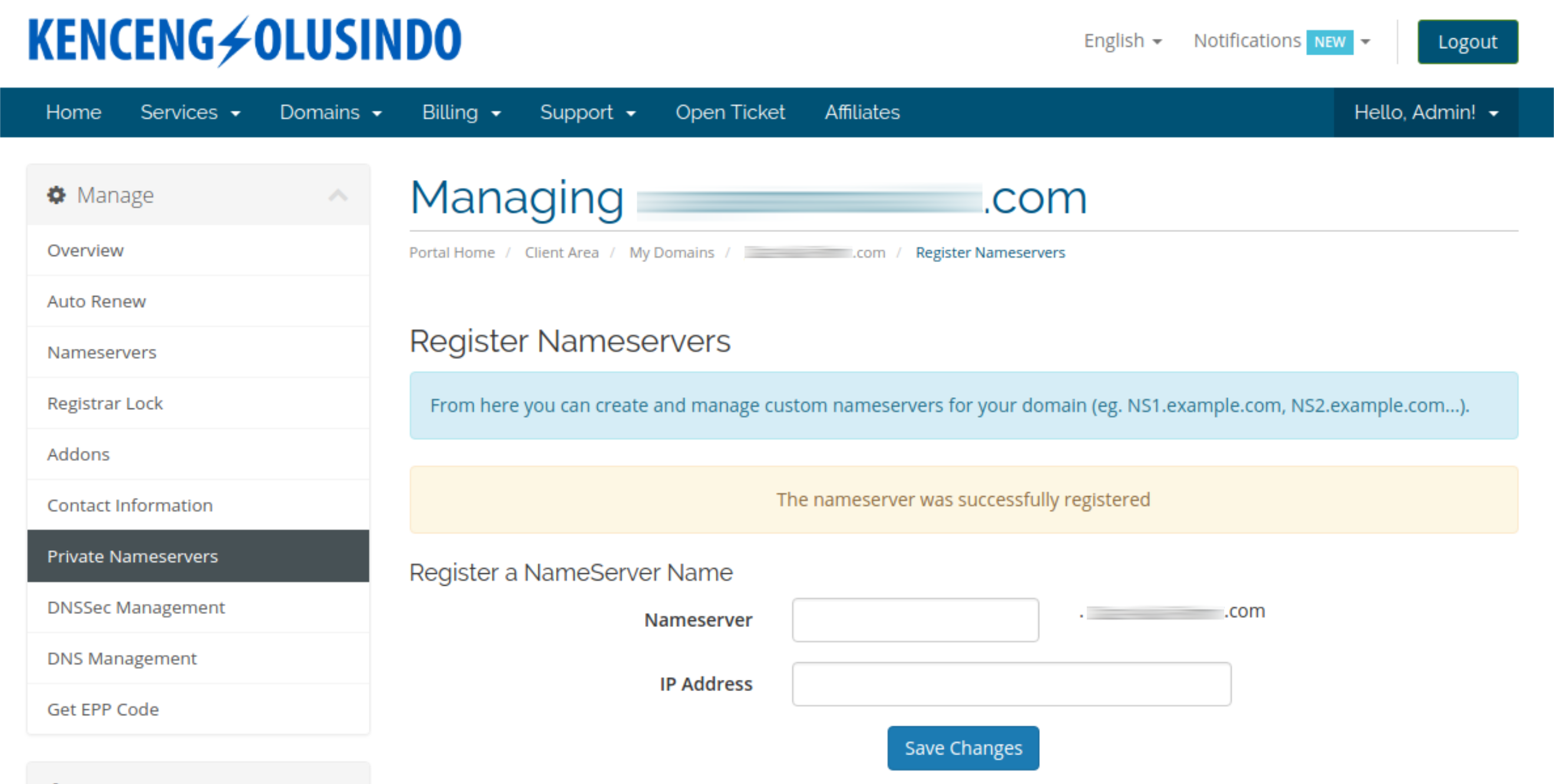 Panduan Setting Private Nameserver Domain Kenceng Solusindo